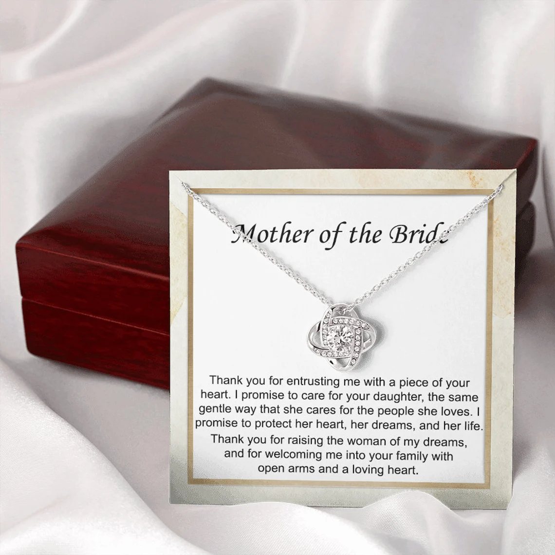 To Mother of Bride - S925 Love Knot Necklace "I Promise To Protect Her Heart" Wedding Gifts From Groom