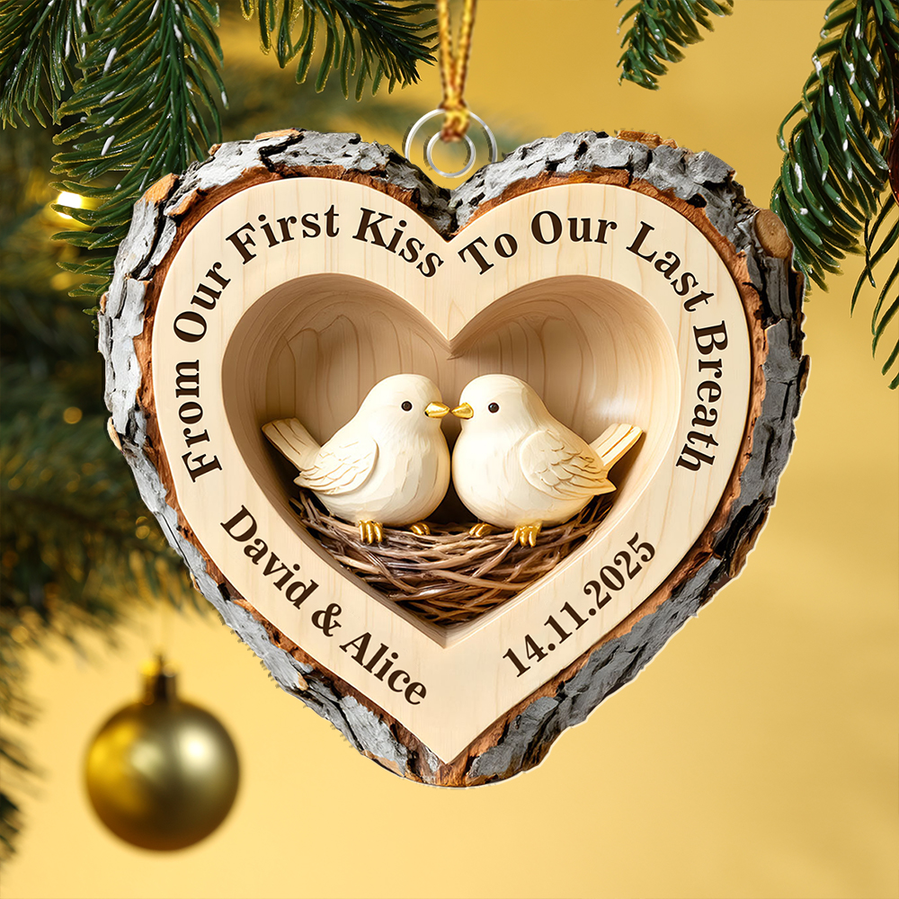 Personalized Couple Carved Wood Heart Lovebirds Ornament