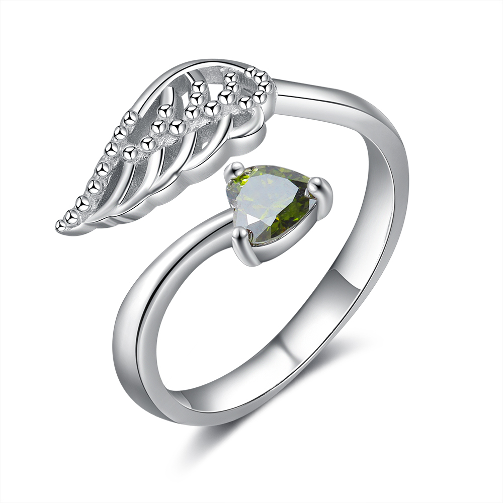 Personalized Angel Wing Ring with 1 Birthstone Open Ring