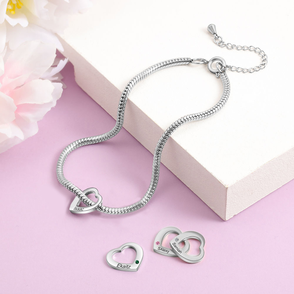 Custom Anklet Engraved 1 Name and Birthstone Heart Shaped Charm Personalized Bracelet for Women