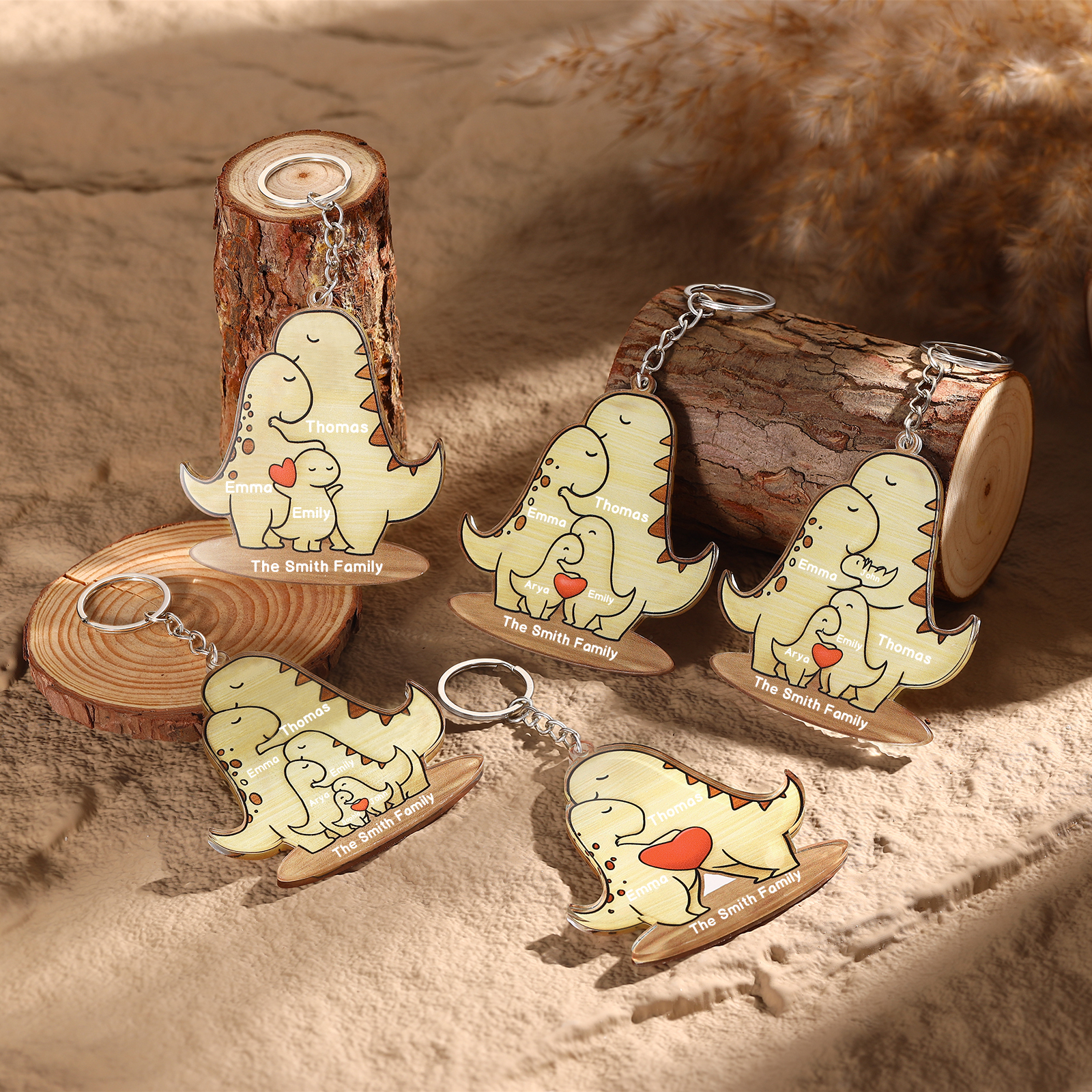 4 Names - Personalised Acrylic Dinosaur Keychain Custom Text & Name Keyring Gifts for Father/Mother