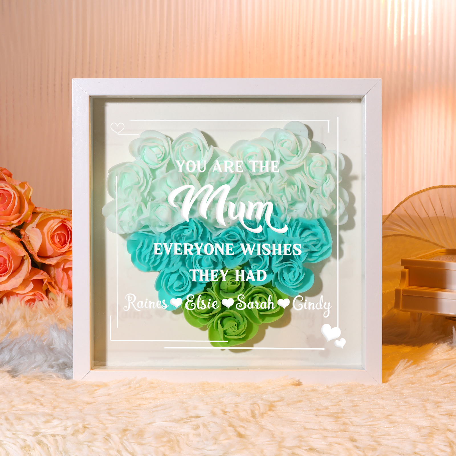 Personalized 1 Nickname & 4 Names Heart-Shaped Rose Shadow Box Frame – Custom Gift for Mom, Grandma & Loved Ones| Jessemade