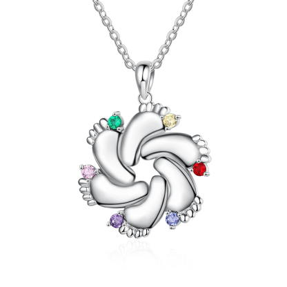 S925 Baby Feet Pendant Necklace with 1-4 Birthstones Engraved Names Gift for Mother