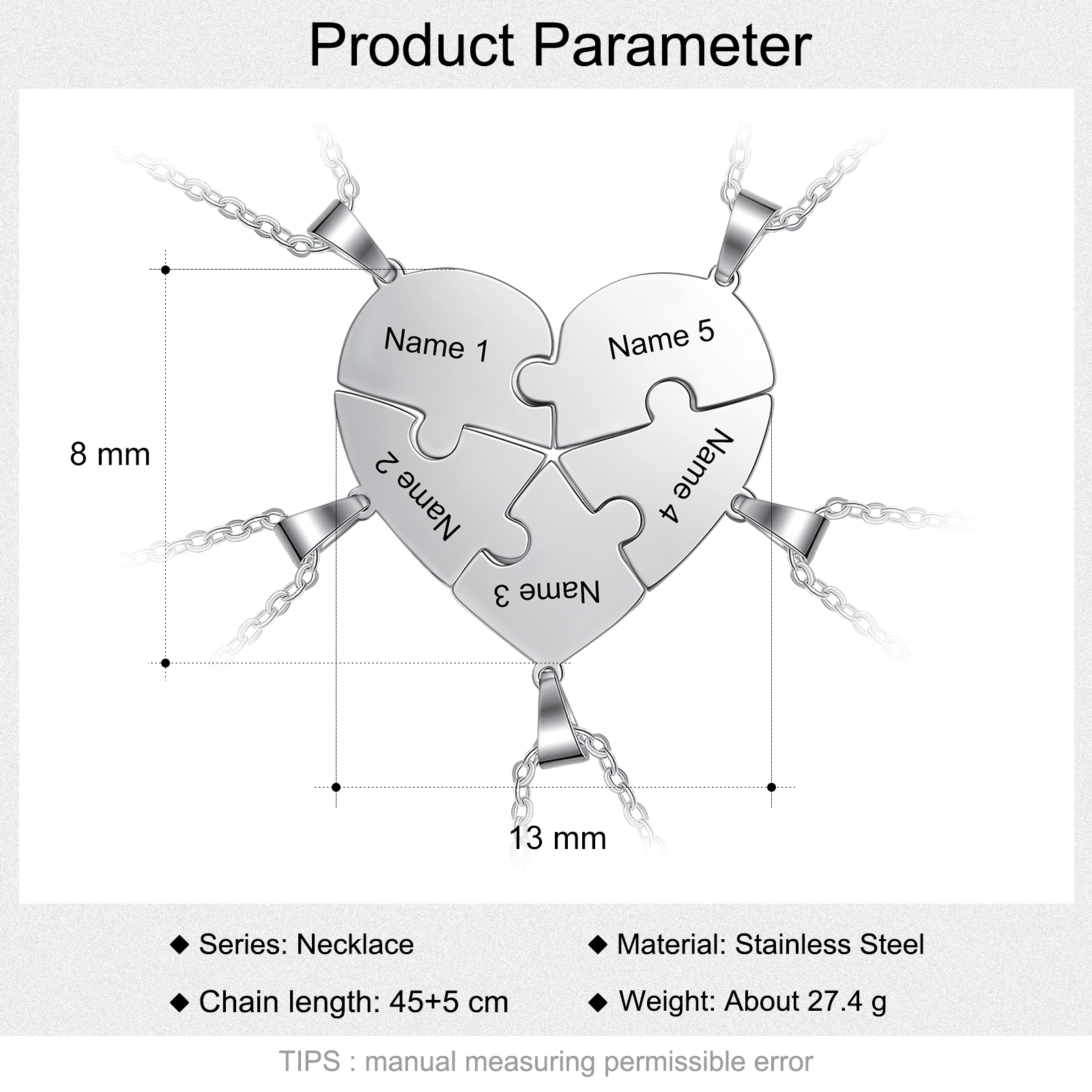 Personalized Heart Puzzle Necklace Engraved 5 Names Gifts for Family