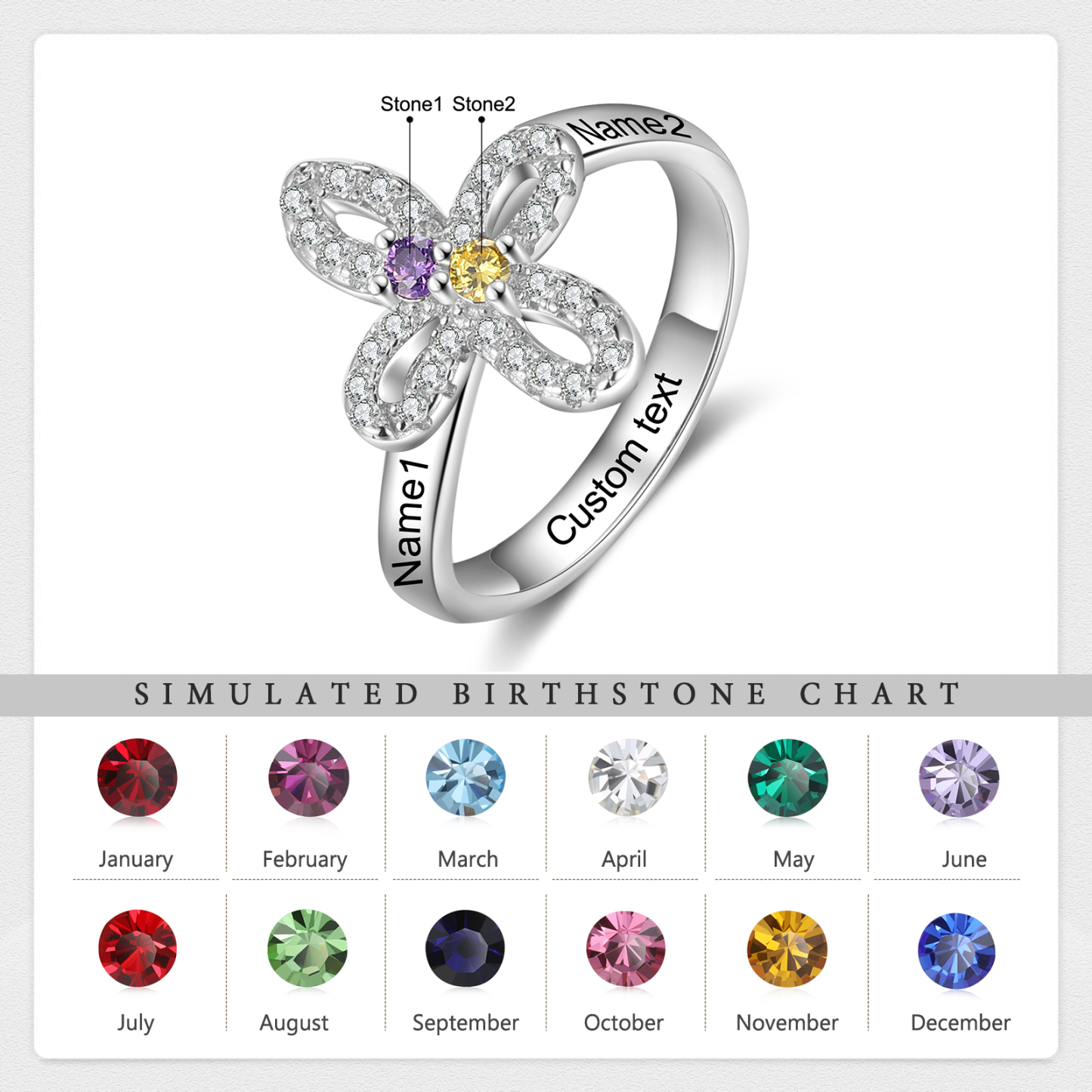 Custom Four-Leaf Ring Custom Name and Birthstone Ring