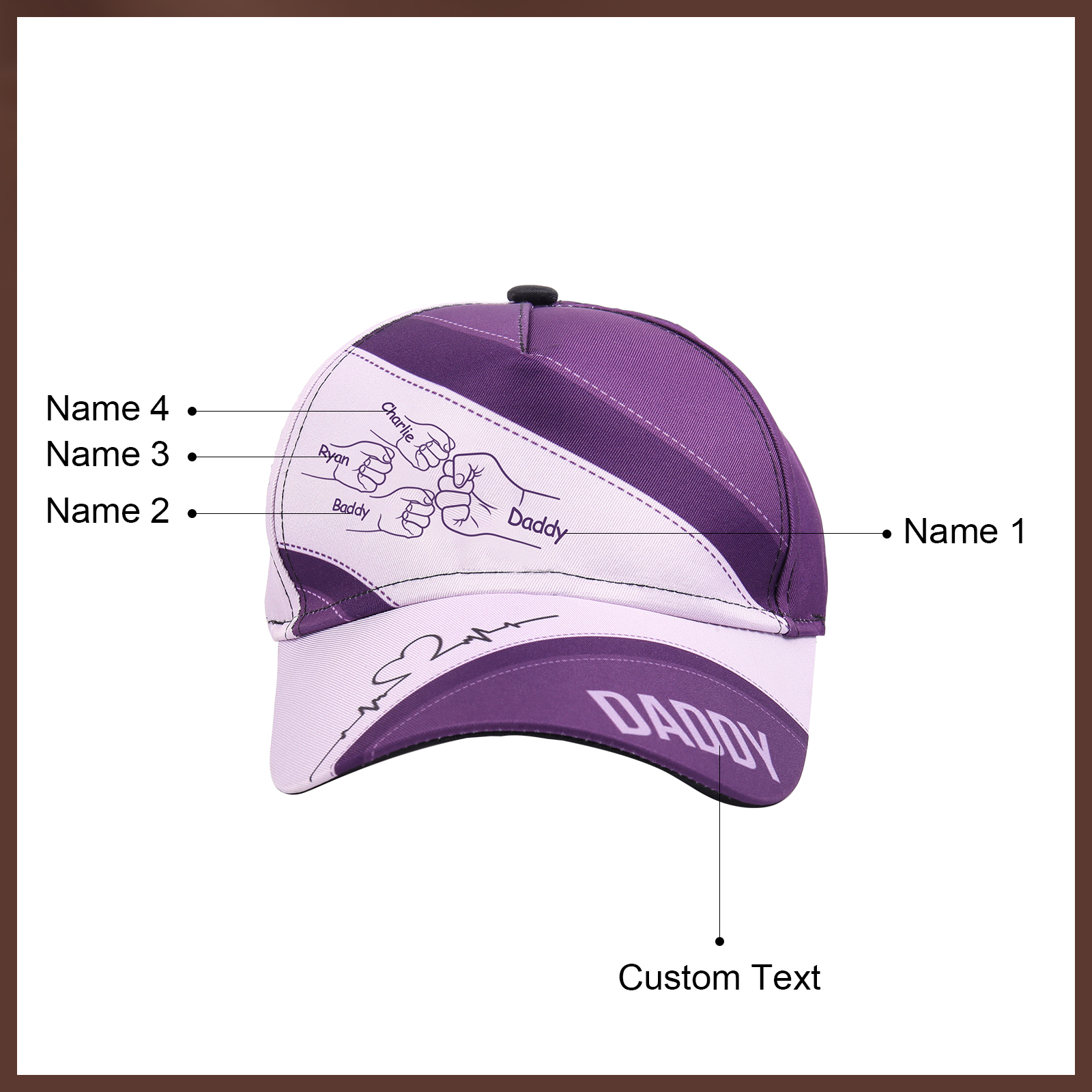 Personalized Fist Bump Classical Baseball Cap Custom 4 Names & 1 Text Snapback Adjustable Gift for Dad/Grandpa/Husband