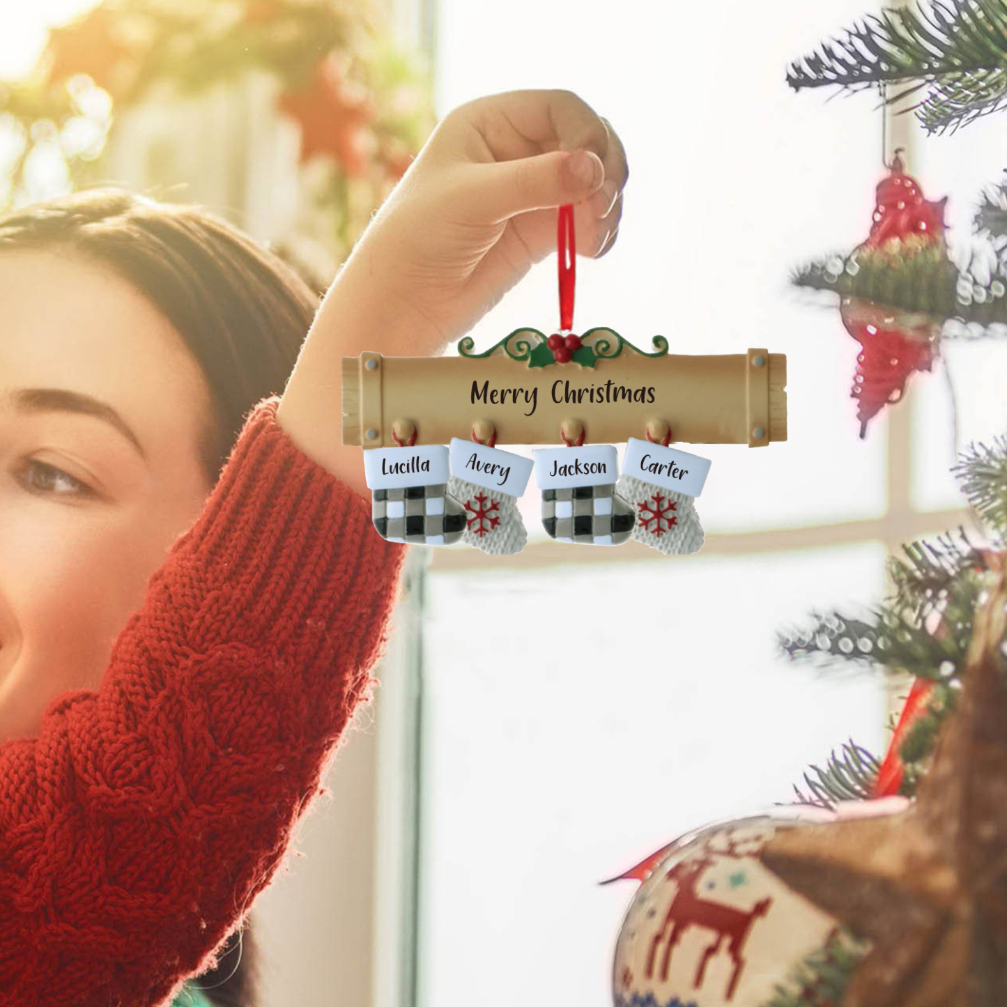 4 Names - Personalized Christmas Stockings Ornaments Customized Name & Text Christmas Decor Wooden Gifts for Family Friends