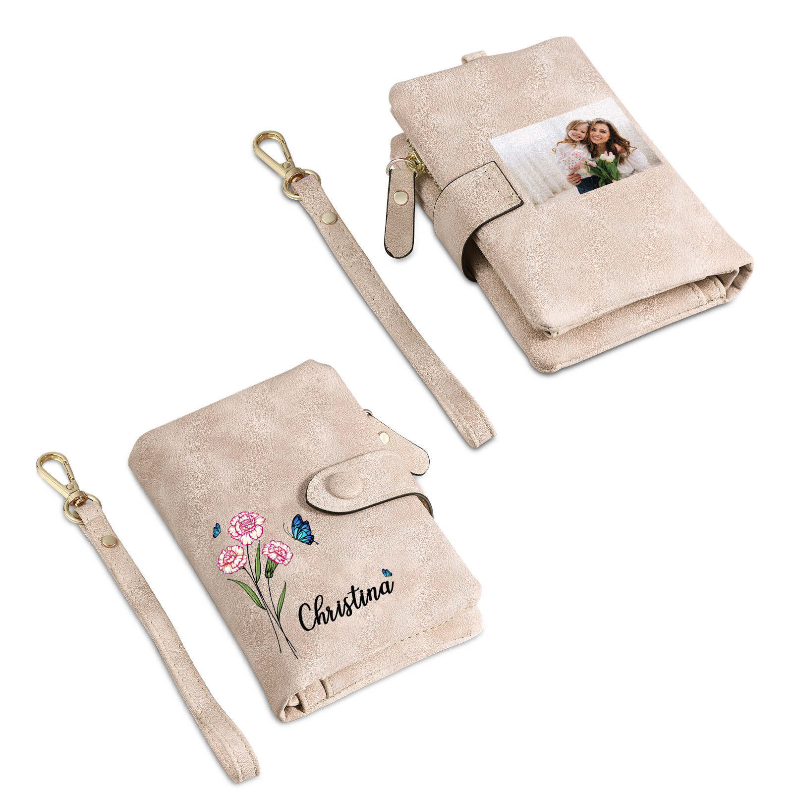 Personalized Women's Leather Wallet Custom Birthday Flower & Name & Photo Wallet Gift for Her