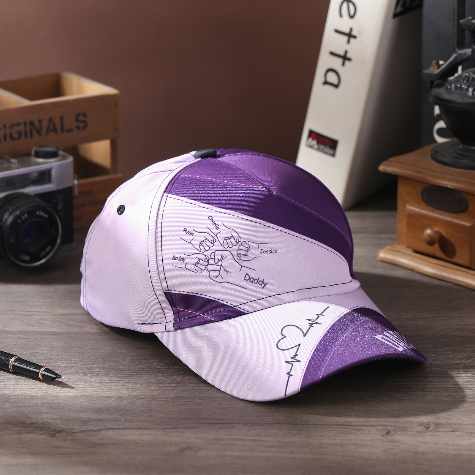 Personalized Fist Bump Classical Baseball Cap Custom 5 Names & 1 Text Snapback Adjustable Gift for Dad/Grandpa/Husband