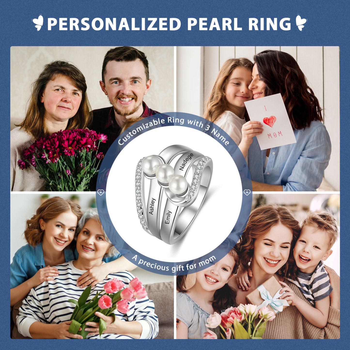 Custom Family Pearl Ring Engrave 3 Names Gifts For Her