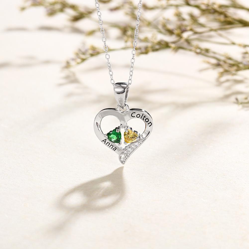 Sterling Silver Heart Necklace Love Necklace Personalized with 2 Birthstones 2 Names Valentine's Day Gift 
