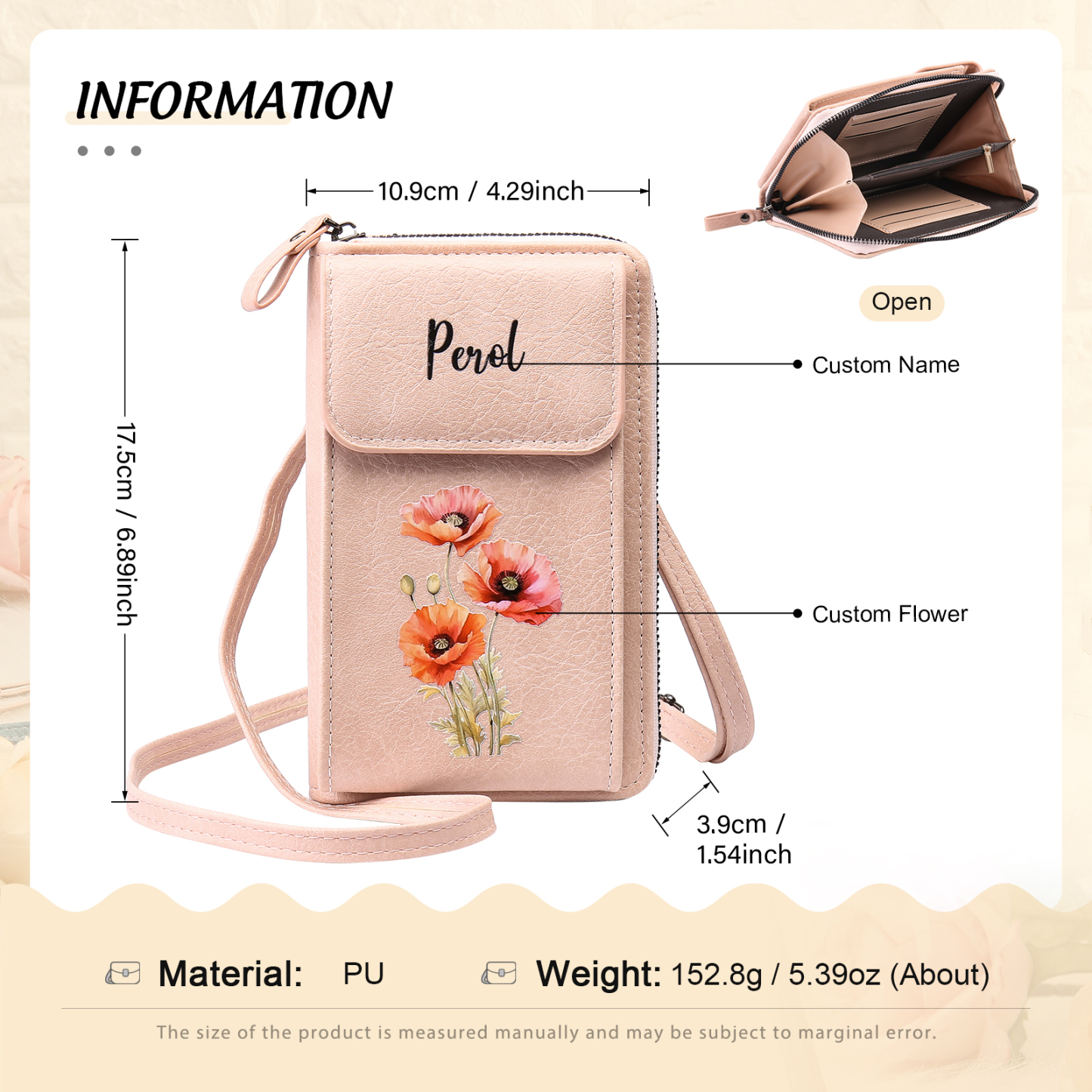Personalized Women's Leather Wallet Custom Birthday Flower & Name Mobile Phone Wallet Zipper Crossbody Bag