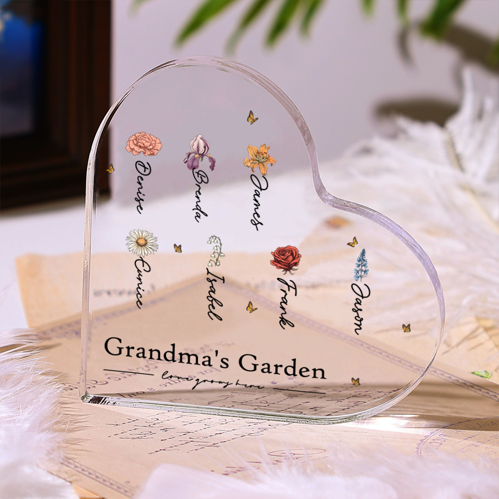 Personalized Text Acrylic Heart Keepsake Custom 1–10 Names & Birth Flowers Ornament Gift for Mother/Grandma - Love Grows Here