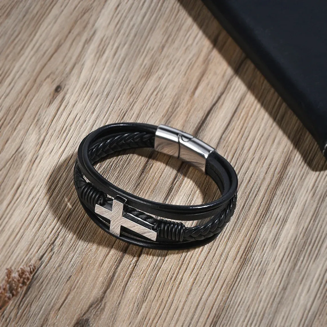 To My Grandson Cross Braided Leather Bracelet "Pray Through It"