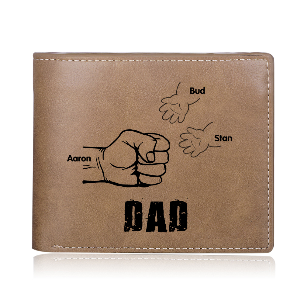 Personalized 3 Names Men Leather Wallet Handcrafted in the USA-Custom Engraved Names Brown Wallet Fist Bump Folding Wallet Gift For Dad