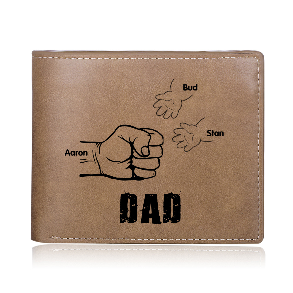 Personalized 3 Names Men Leather Wallet Handcrafted in the USA-Custom Engraved Names Brown Wallet Fist Bump Folding Wallet Gift For Dad