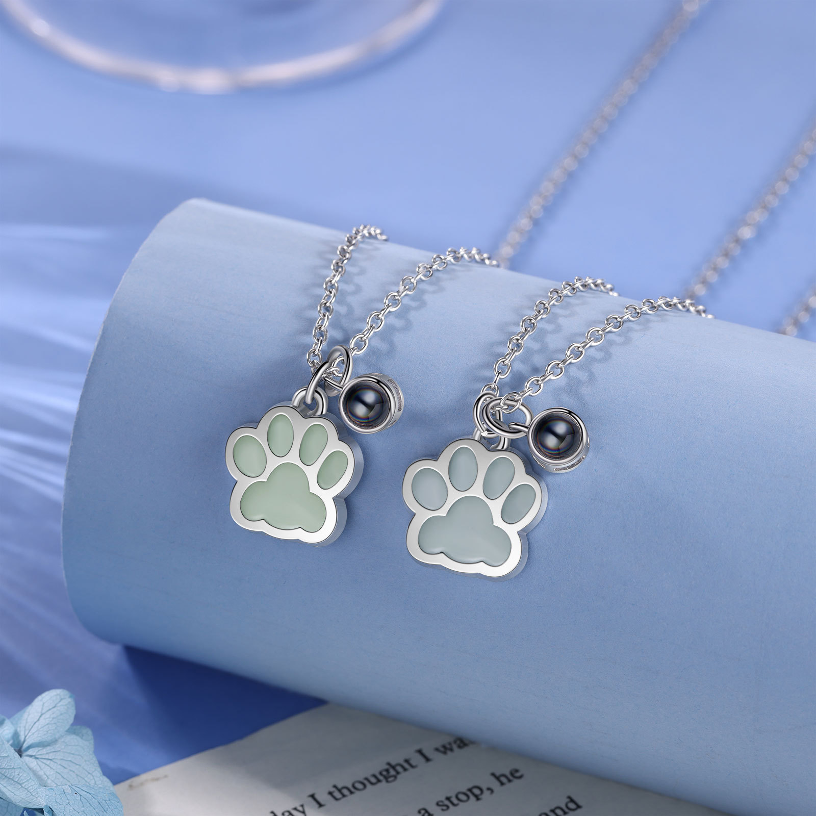 Personalized Dog Paw Pendant Couple Necklace Set Custom Photo Projection Necklace Romantic Gifts For Him/Her