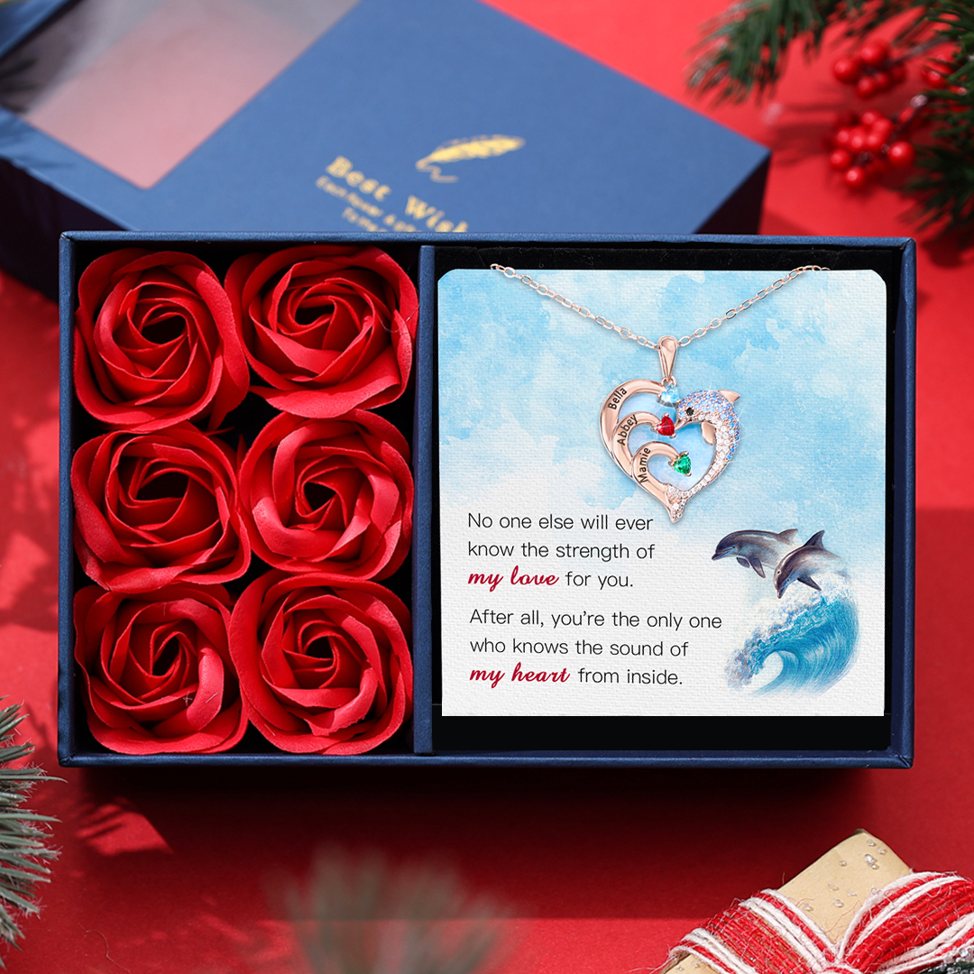 Personalized Heart Dolphin Necklace Custom 2 Birthstones Necklace for Her