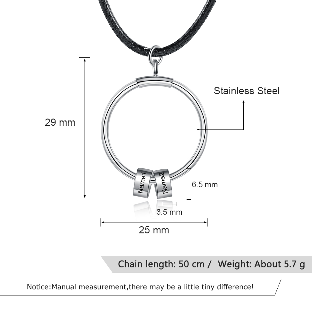 Personalized Circle Pendant Necklace Engraved 2 Names Bead Necklace for Him