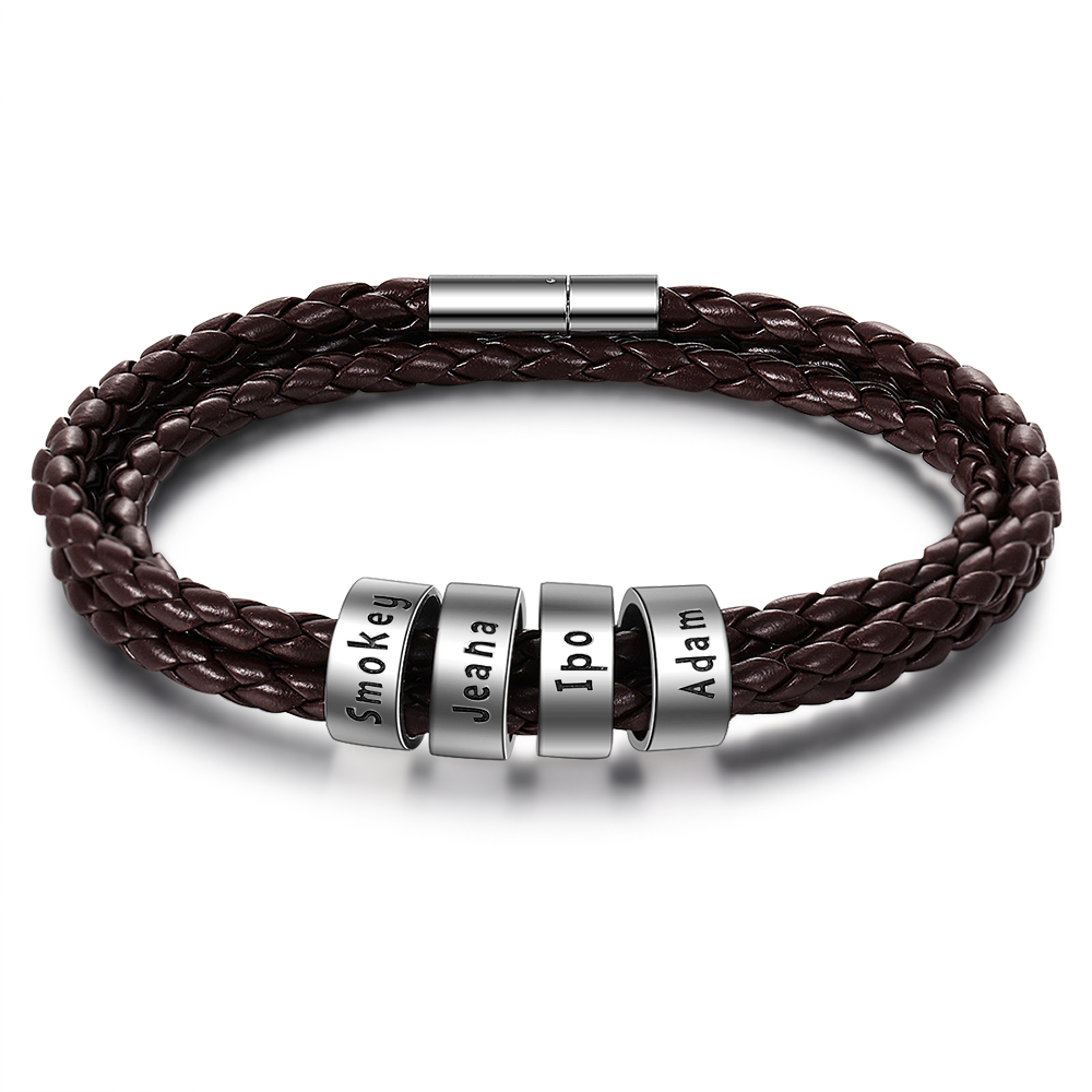 Personalised Braided Leather Bracelet with 2–5 Engraved Name Beads For Him Best Gift For Dad