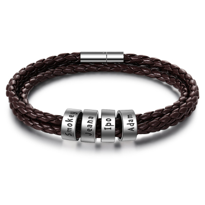 Personalised Braided Leather Bracelet with 2–5 Engraved Name Beads For Him Best Gift For Dad