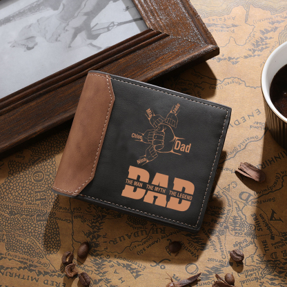 Personalized Men's Leather Wallet Custom 2–9 Names Billfold Wallet Fist Bump Gift for Dad - The Man, The Myth, The Legend