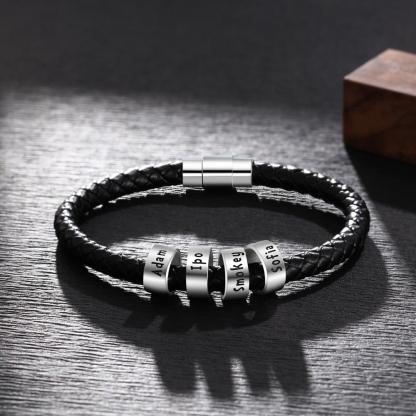Men Leather Braided Rope Bracelet with 4 Sterling Silver Custom Beads Engarved 4 Family Names Black Bracelet for Men