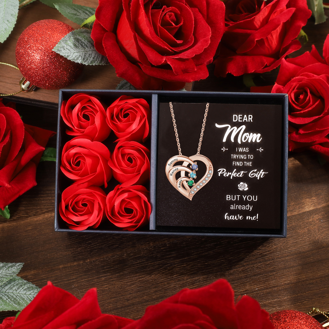 Personalized Mother Necklace Engraved 2 Names 2 Birthstone Intertwined Heart Pendant - Mother's Day Gift for Mom