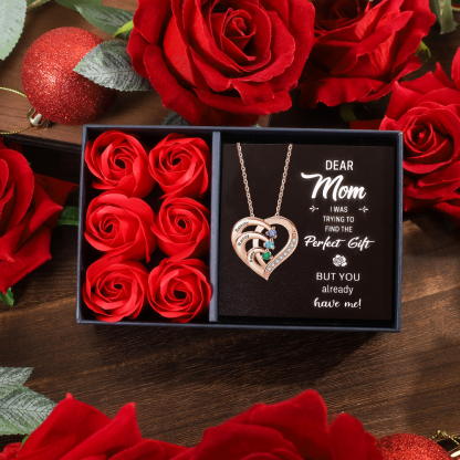 Personalized Mother Necklace Engraved 2 Names 2 Birthstone Intertwined Heart Pendant - Mother's Day Gift for Mom