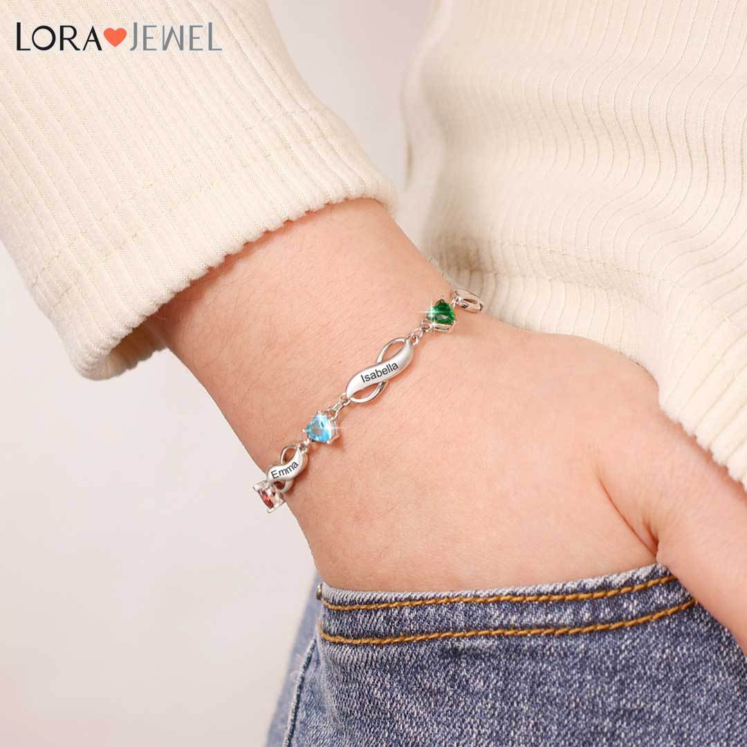 Infinity Bracelet with 5 Heart Shape Birthstones Family Bracelet for Mom