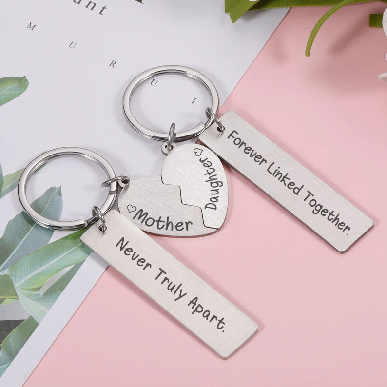Mother and Daughter Keychain Personalized Two Soul One Heart Stainless Steel Keyring
