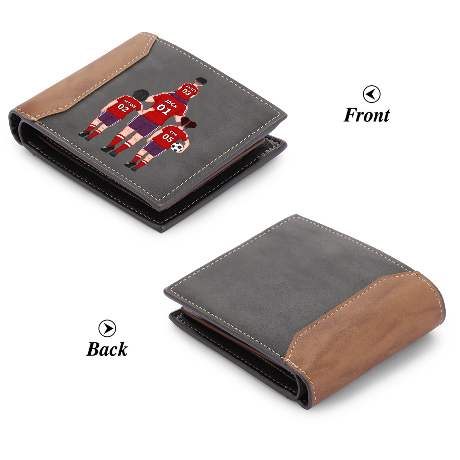 Personalized Men Leather Wallet Engraved 2-9 Names Jersey Number Wallet Soccer Family Folding Wallet Gift For Dad