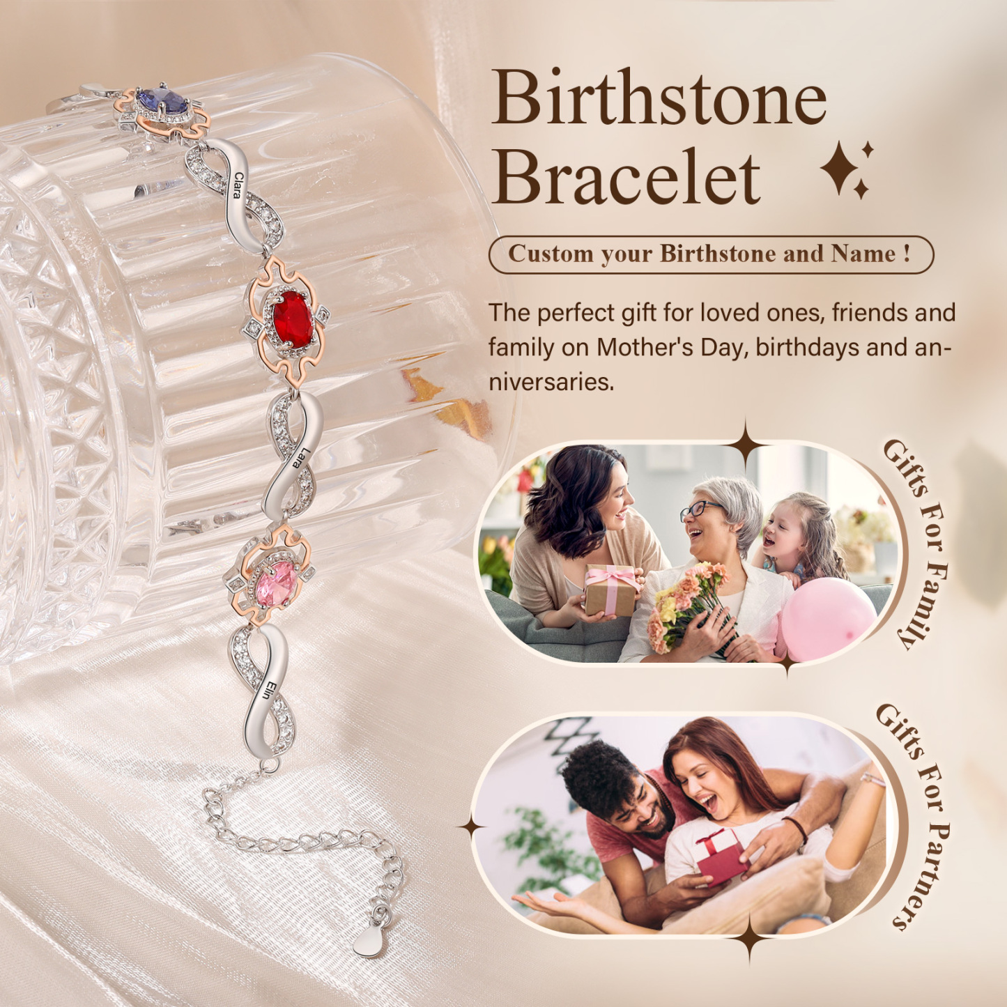 Infinity Bracelet Personalized 3 Birthstones Engraved 4 Names Women's Bracelets Birthday Gift for Her