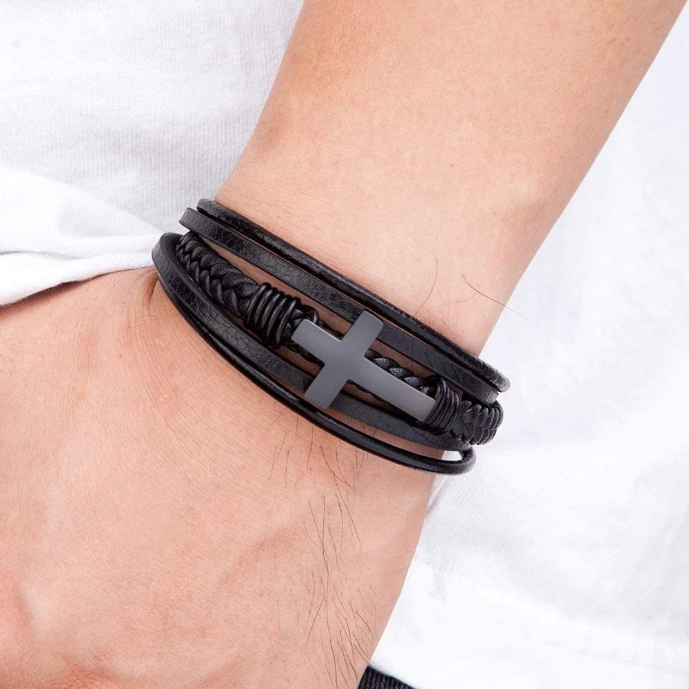 Mens Braided Leather Cross Bracelets with Magnetic Clasp Memorial Gifts for Him