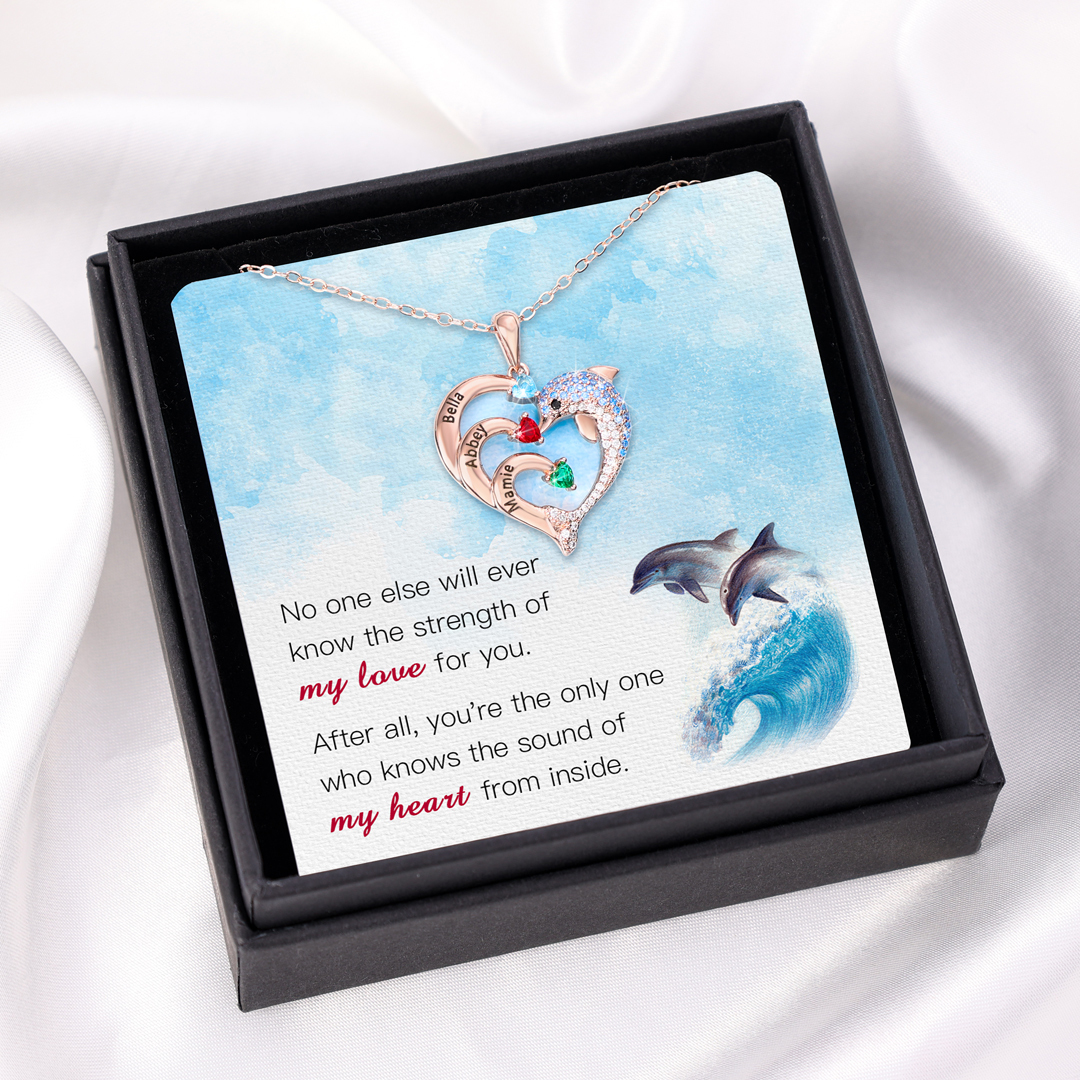 Personalized Heart Dolphin Necklace Custom 2 Birthstones Necklace for Her
