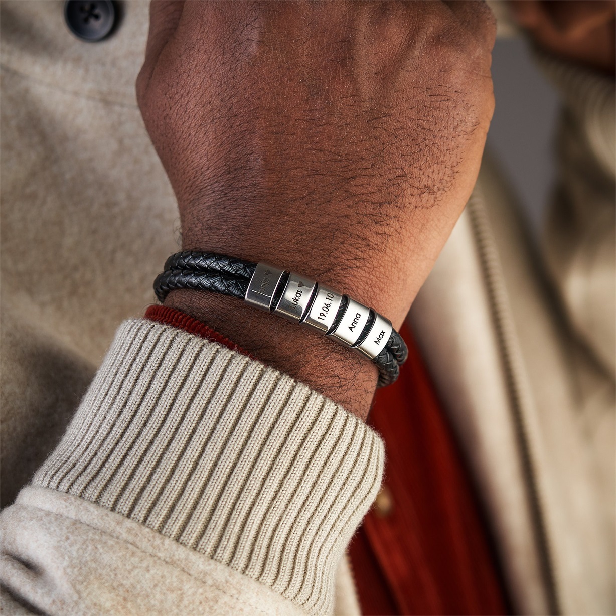 Men Leather Braided Bracelet with Beads Engraved 4 Names Father Gifts