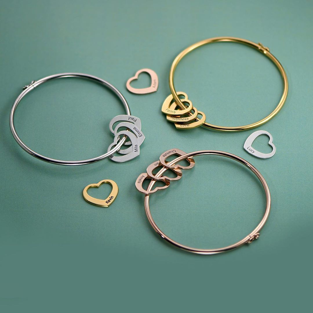 Personalized 3 Names Bracelet Heart Charms Bracelet Love Bangle Gifts for Her
