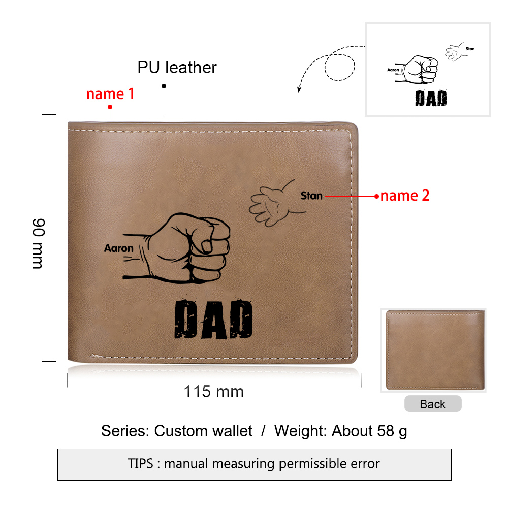Personalized 2 Names Men Leather Wallet Handcrafted in the USA-Custom Engraved Names Brown Wallet Fist Bump Folding Wallet Gift For Dad