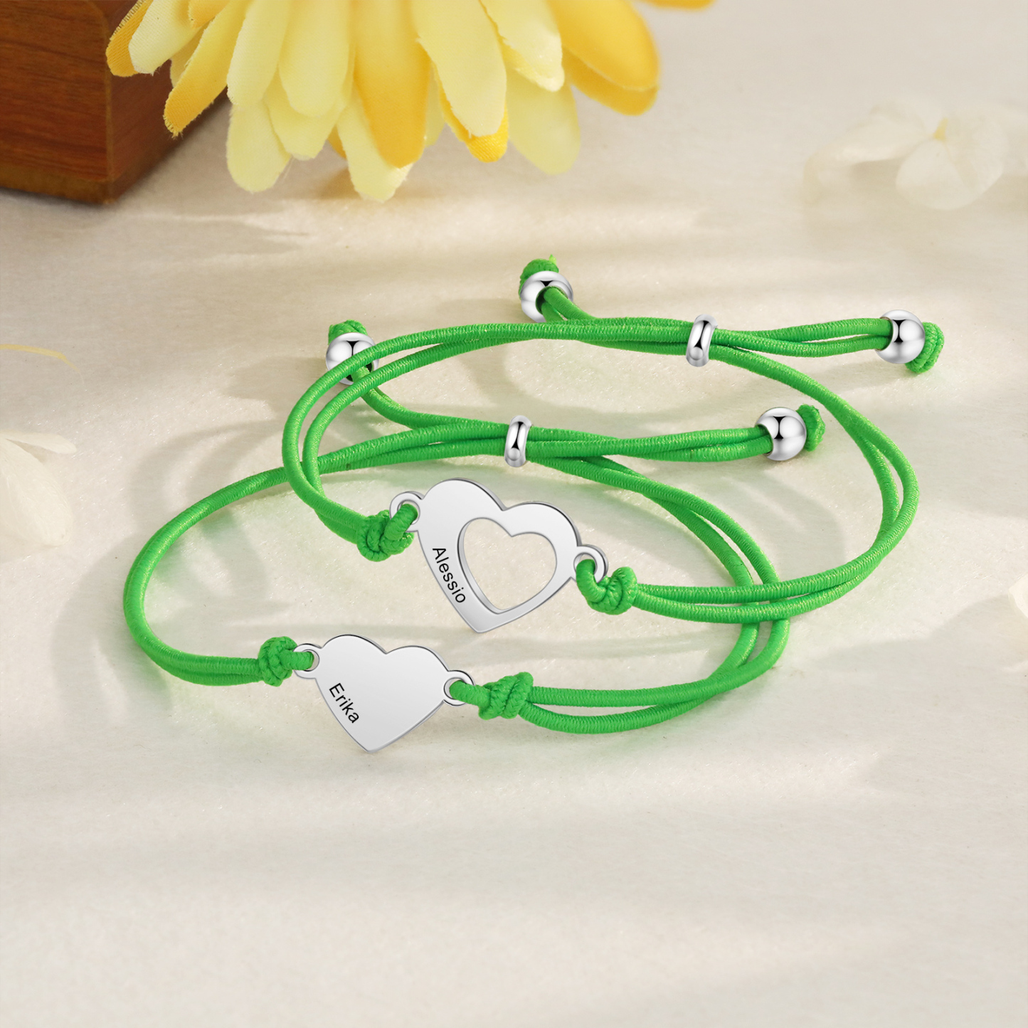 2 Pcs Heart Bracelet Set Custom 2 Names Adjustable Bracelets Back to School Gifts for Daughter Granddaughter