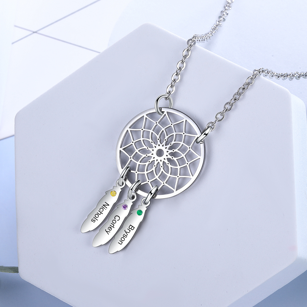 Personalized Dream Catcher Necklace with 3 Birthstones for Women