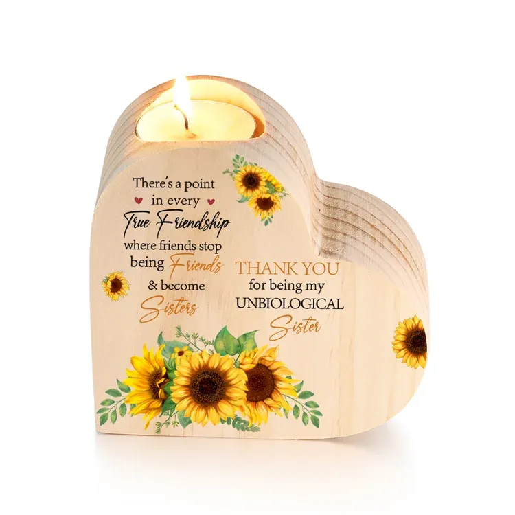 To My Bestie Heart Candle Holder "Thank You for Being My Unbiological Sister" Sunflower Wooden Candlestick Gifts For Friend