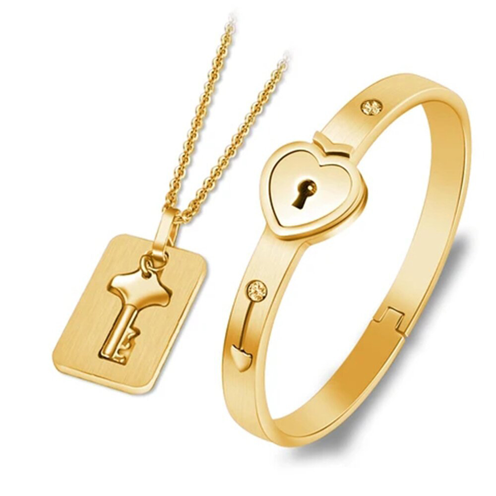 Key to My Heart Couple Key Necklace and Love Lock Bracelet Set