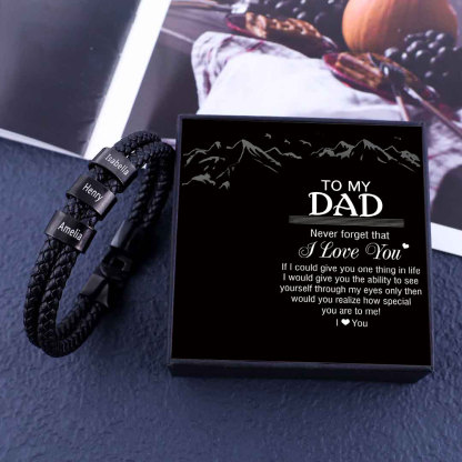 Men Leather Bracelet with Engraved 3 Beads Two Layers Custom Bracelet Black Father Gifts