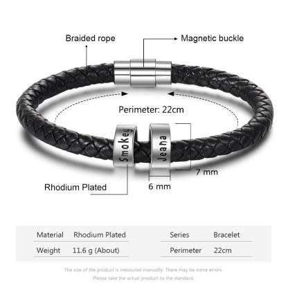 Men Leather Braided Rope Bracelet with 1 Custom Bead Sterling Silver Engravable Black Bracelet for Men