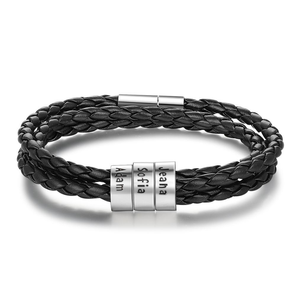 Personalized Mens Leather Braided Bracelet Custom 3 Names Multi-Layer Bracelet Black Gift For Him