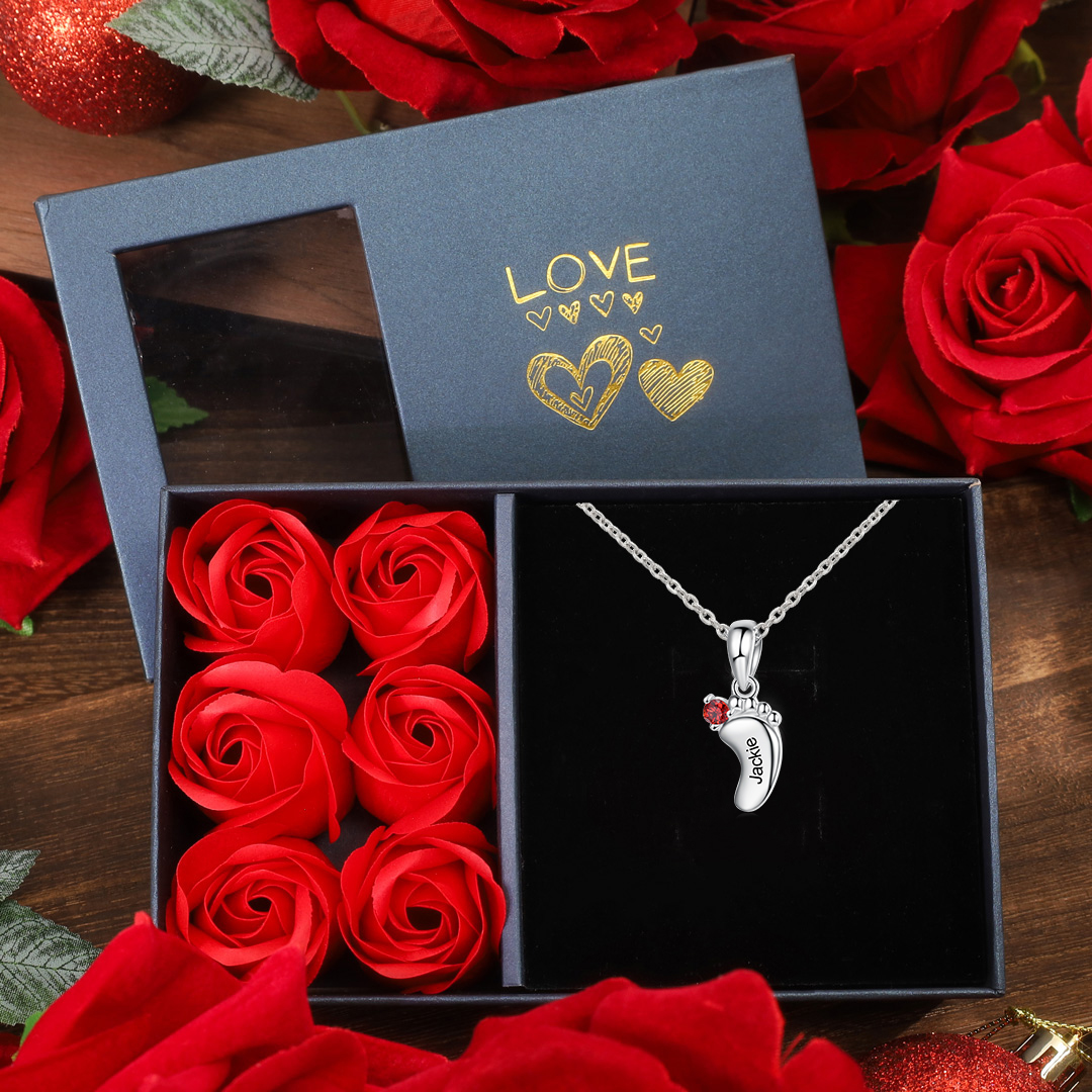 Baby Feet Necklace Custom 1 Birthstone Family Gifts Set for Mom