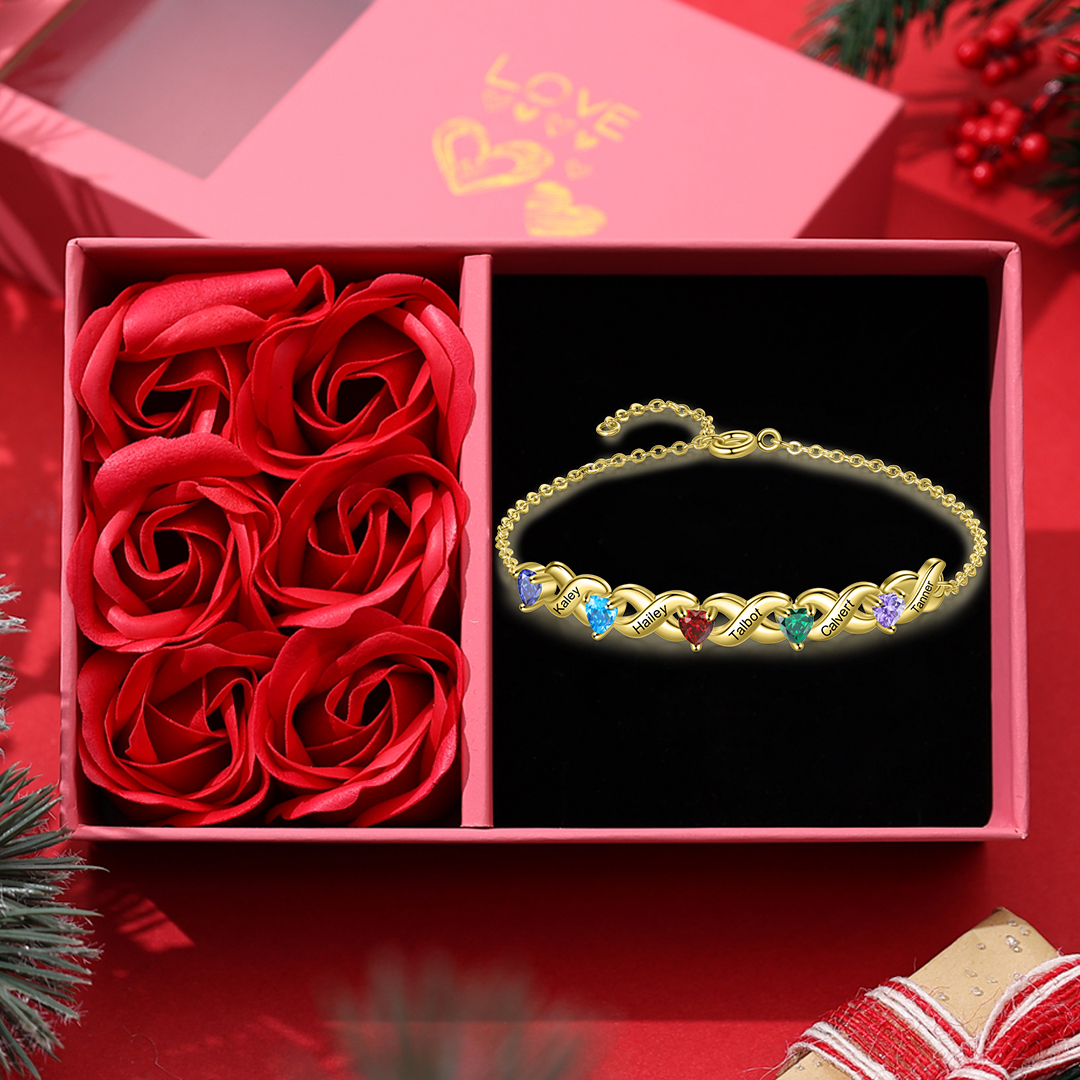 Family Custom Bracelet Heart Personalized with 5 Birthstones