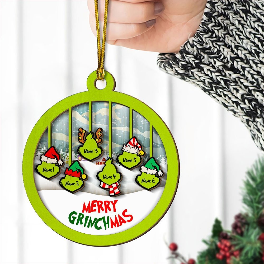 Merry Grinchmas Family Ornament Custom 6 Names Wooden Ornament