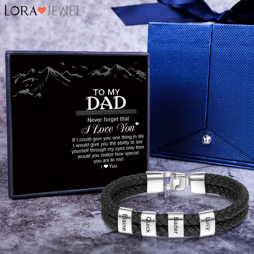 Men Leather Braided Bracelet with Beads Engraved 4 Names Father Gifts