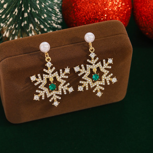 Christmas Snowflake Drop Earrings with Pearl Festive Holiday Gift